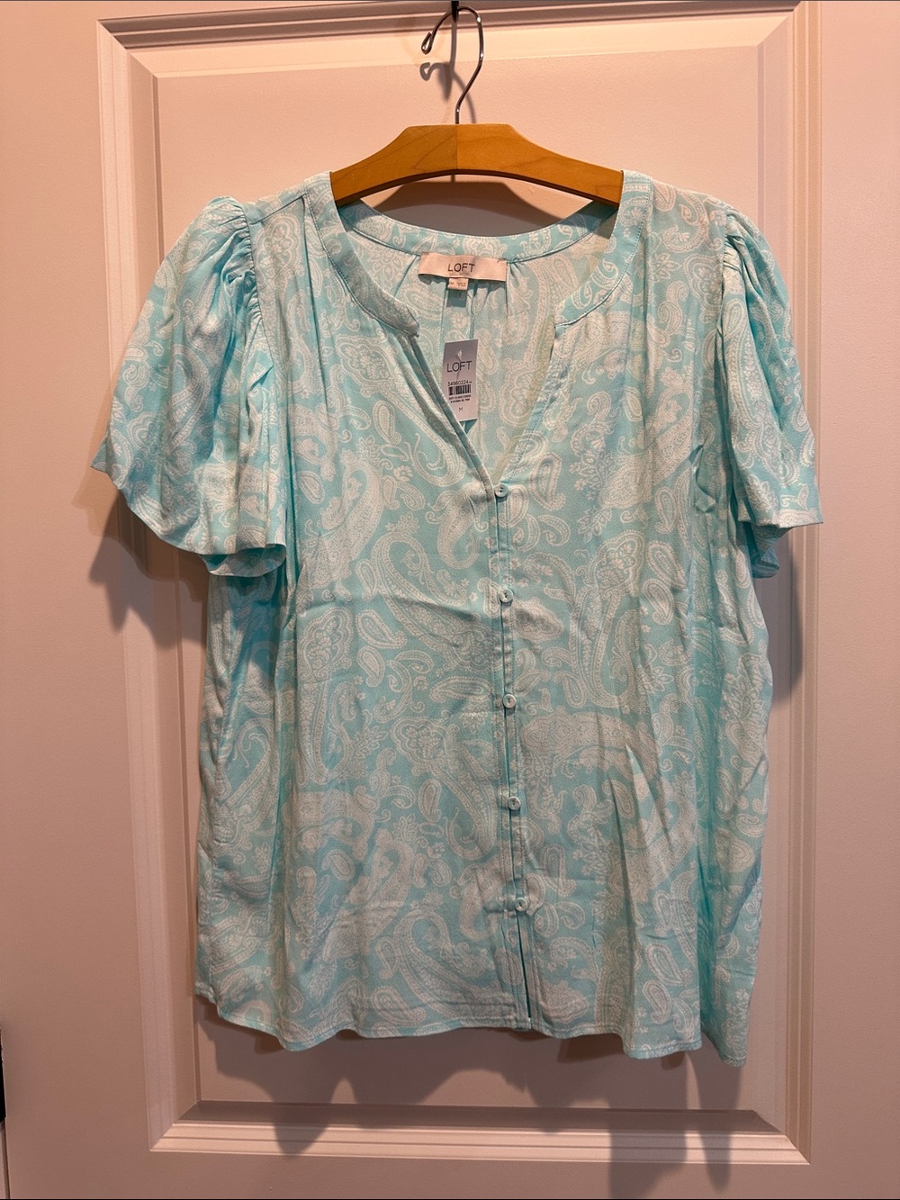 LOFT pale blue Paisley Button-Front Short Sleeve Blouse